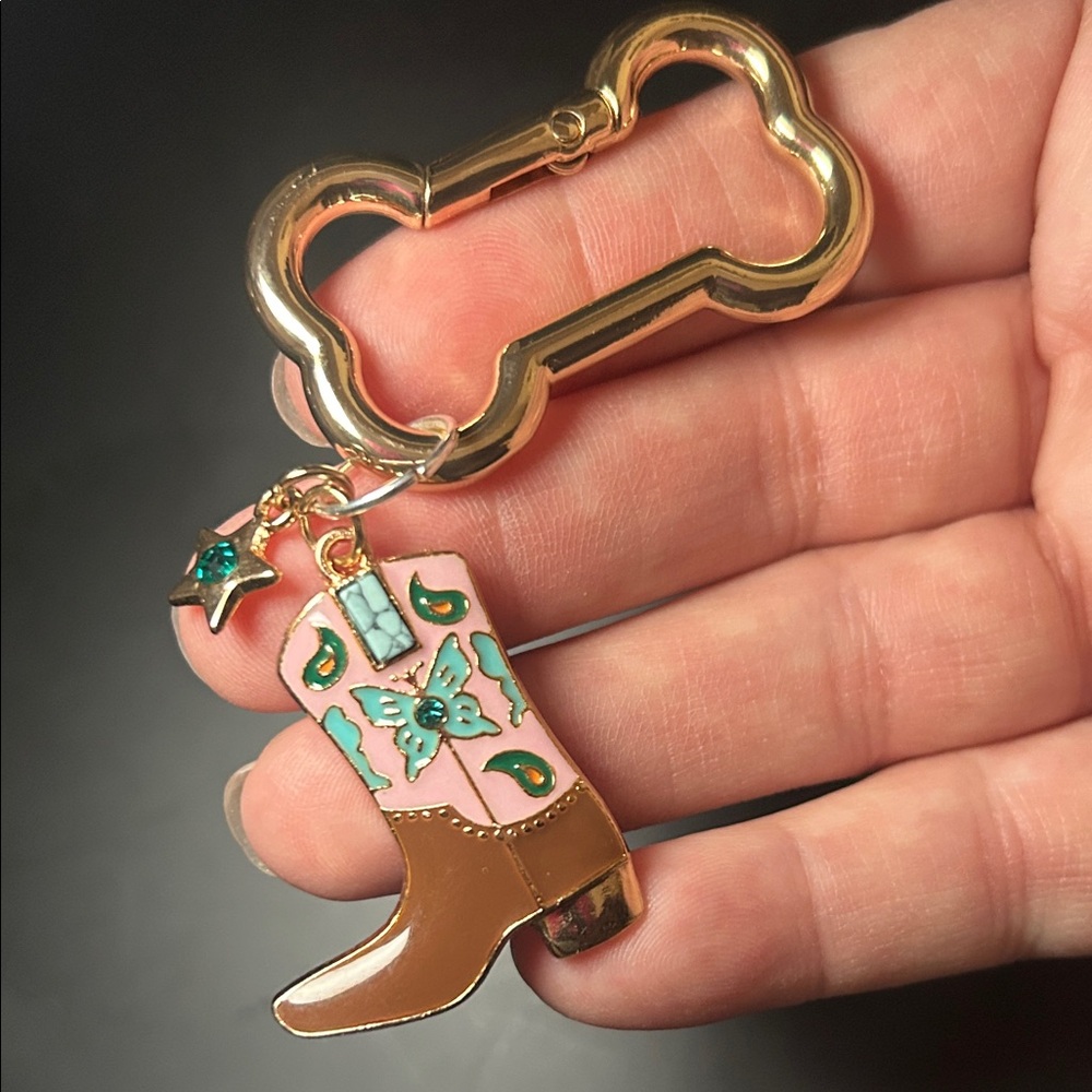 One of a kind! Bag charm - Dog Bone carabiner with Pink Boot Keychain